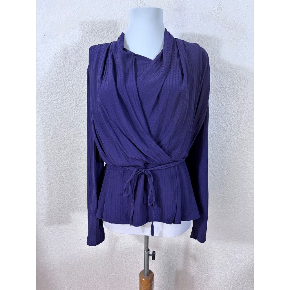 M.M.LaFleur Blouse Womens Medium Purple Draped Faux Wrap Tie Waist Long Sleeve